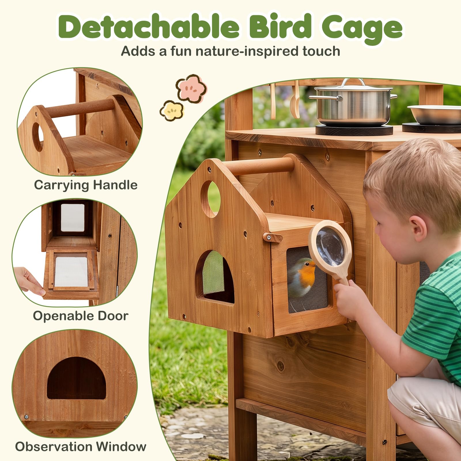 COSTWAY Matschküche Kinder Outdoor, Spielküche mit Wassertank & Wasserhahn | Kinderküche mit Spüle, Vogelkäfig, Pflanzkasten, Spalier, Blumentöpfen, Gartenspielzeug & Kochzubehör, Gartenspielküche
