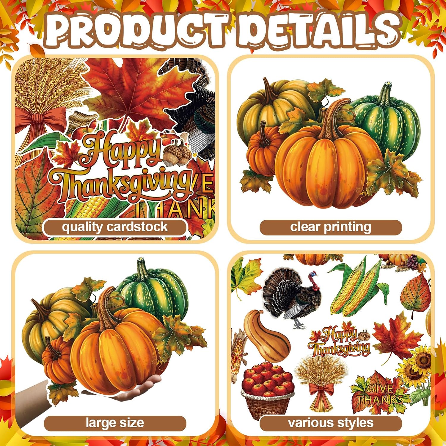 Fuyoooo 32 Pcs Thanksgiving Fall Cutouts Vintage Turkey Pumpkin Leaves