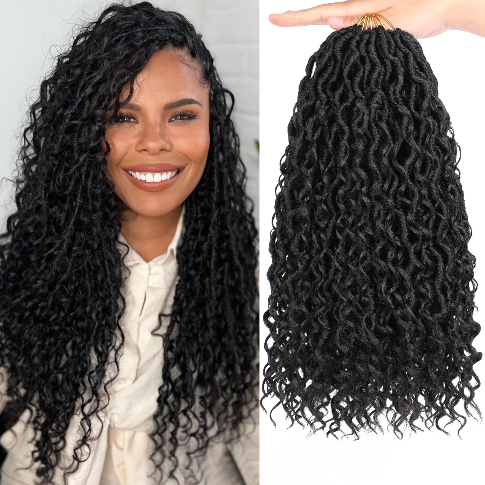 COOKOO 14 Inch 8 PCS Goddess Locs Crochet Hair Total 112 Strands Natural Black Faux Locs Crochet Hair Hippie River Locs Crochet Hair Pre Looped