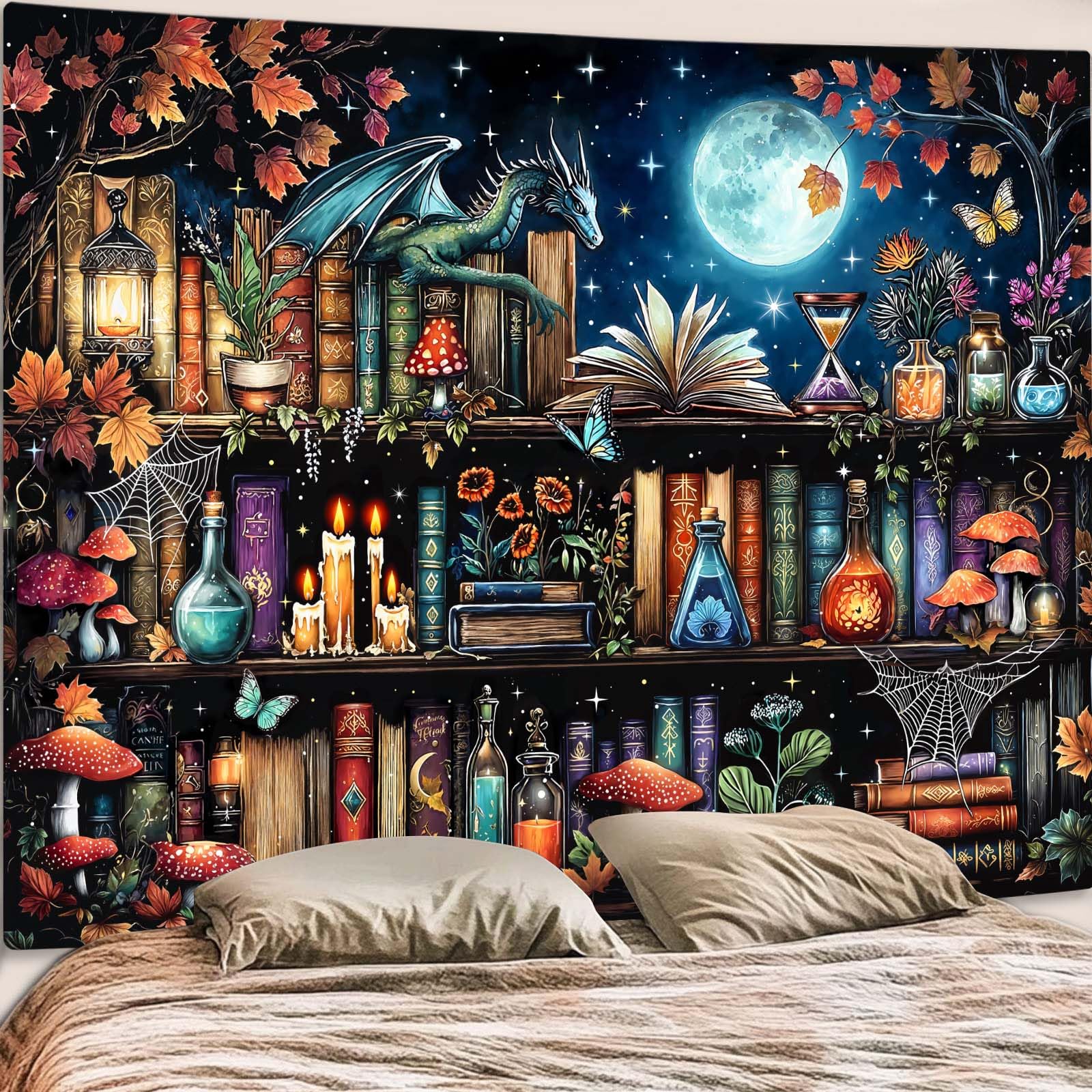 Accnicc Botanical Bookshelf Tapestry Lush Green Plant Book Shelf Tapestries Wall Hanging Art Vintage Retro Potted Plants Academics Library Book Tapestry for Bedroom Living Room Dorm 80 x 60 inch