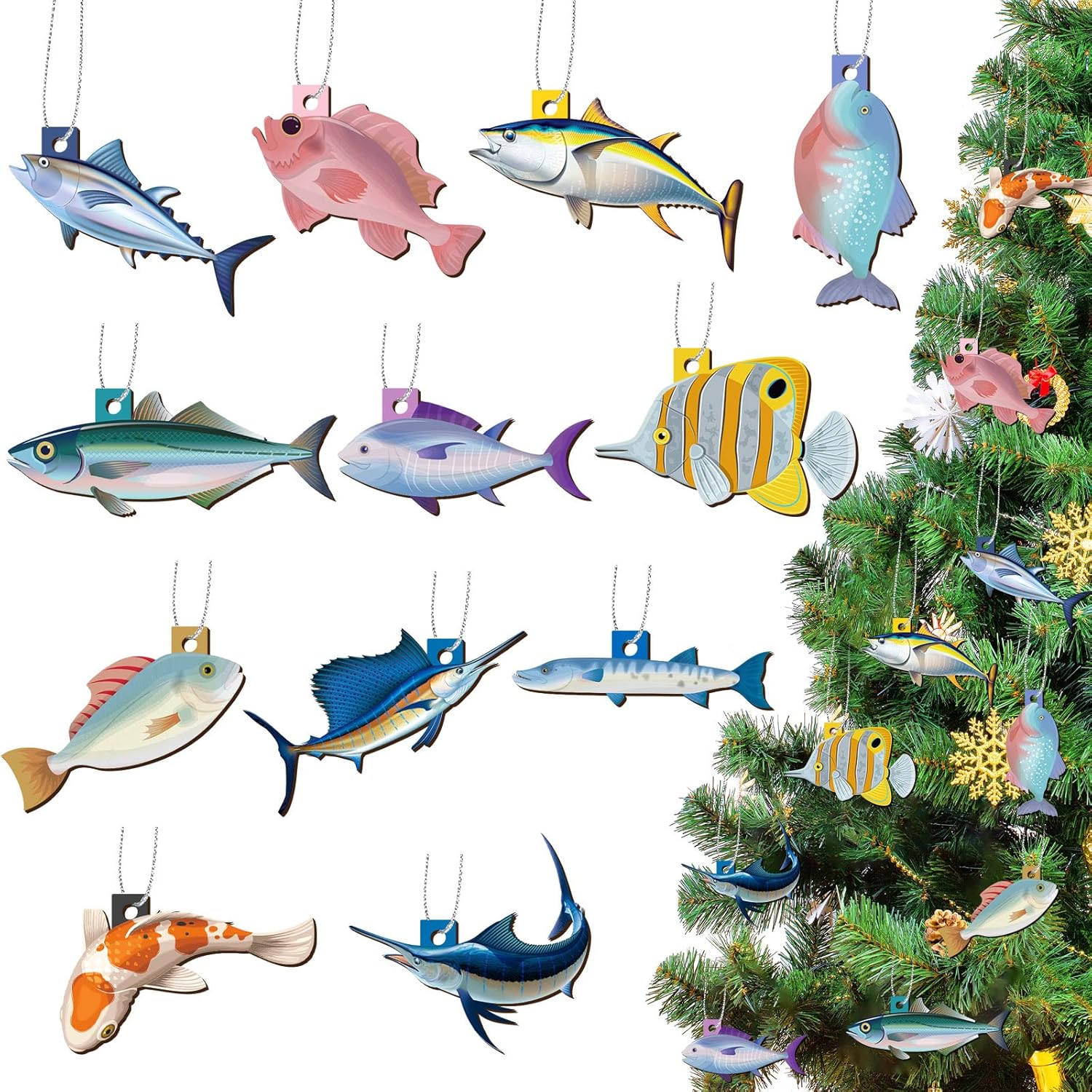 36 Pcs Christmas Fish Decor Wooden Christmas Ornament