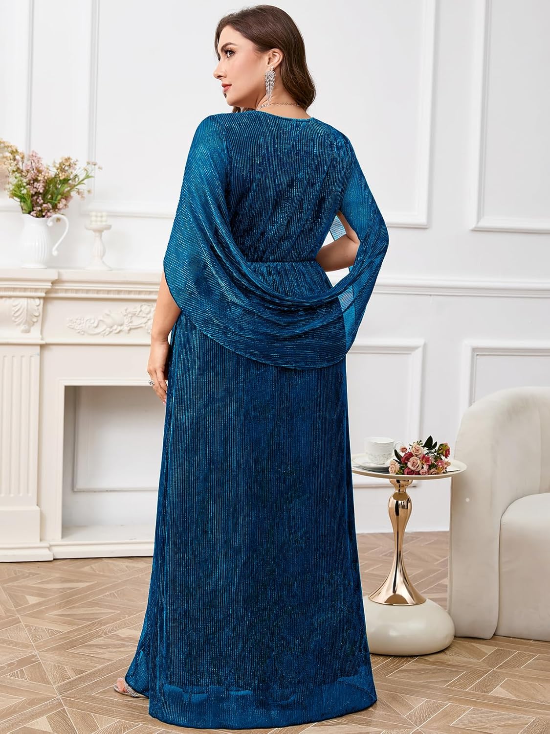 Plus Size Formal Maxi Dress Sparkly Cape Sleeve V Neck Side Split Wedding Guest Prom Evening Gown Gala - Image 7