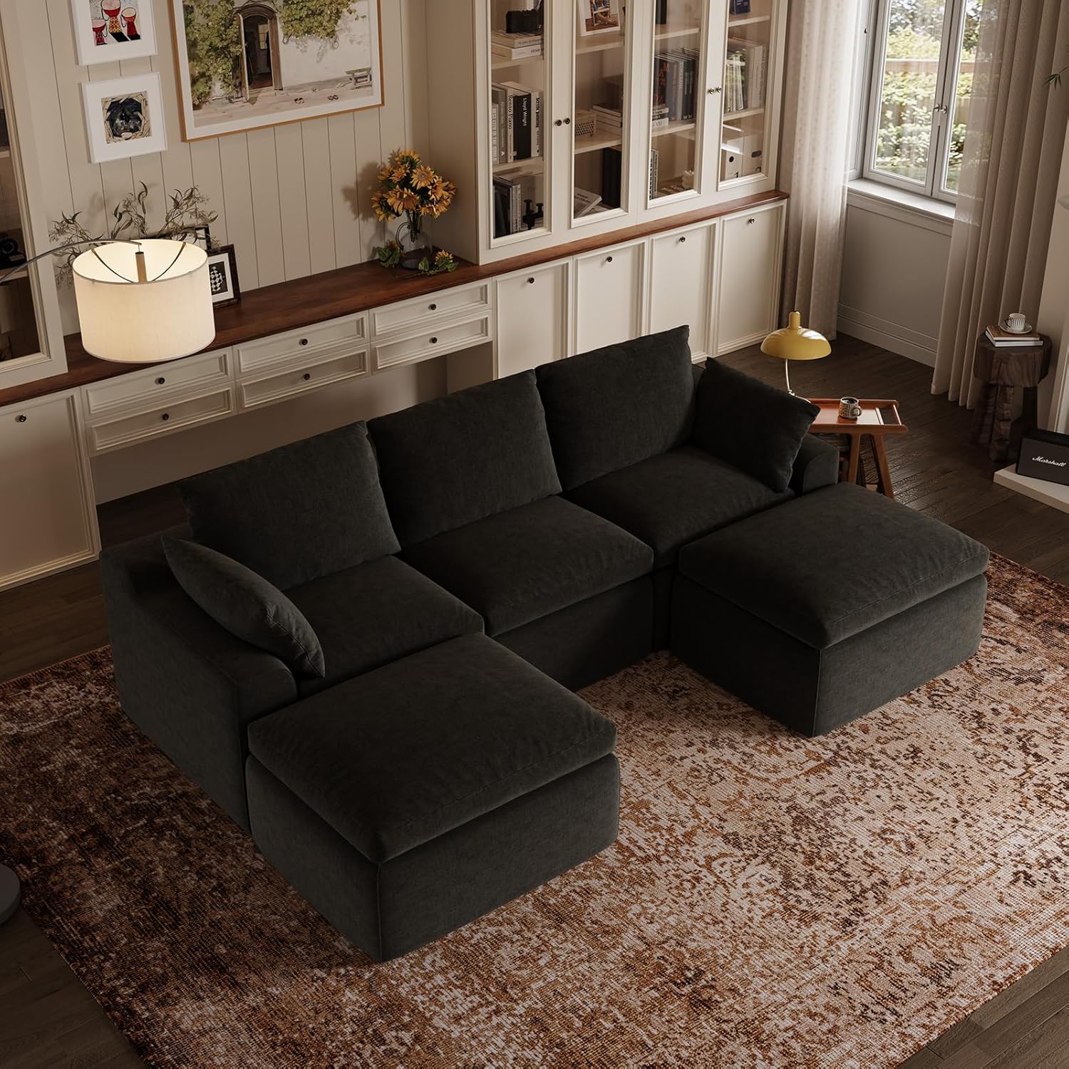 Novilla 104.3" Modular Cloud Couch, Modern Sectional Sofa with Smarts Coil® Support, Chenille Fabric, Upholstered Couch for Living Room Apartments Bedroom, No Assembly, 3 Seater + 2 Ottoman, Dark Grey