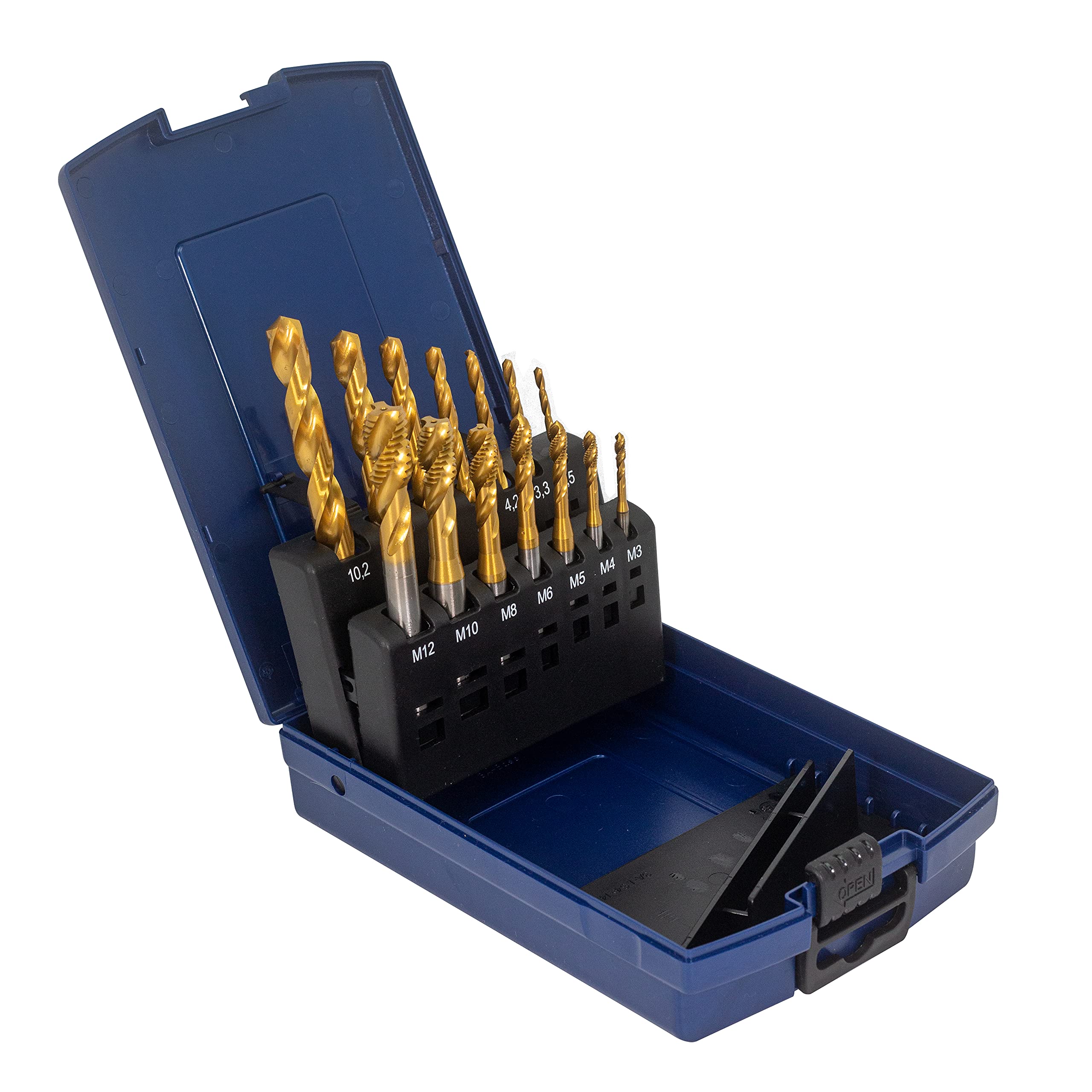 Lot de 14 tarauds pour machine à trou borgne M3, M4, M5, M6, M8, M10, M12 HSSE-Co5 dans une boîte en plastique TiN
