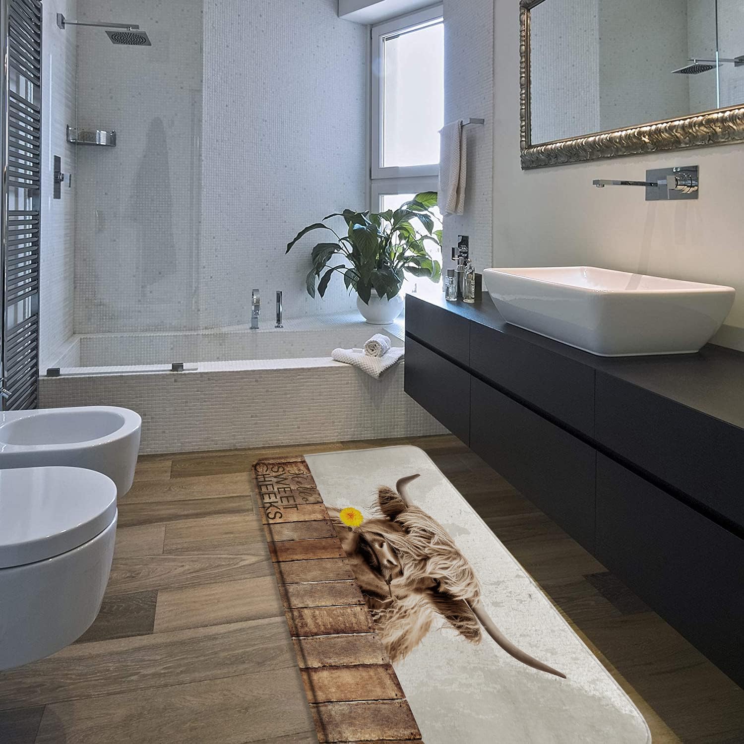 Highland Cow Bath Mat Rustic Farmhouse Animal Bathroom Rug Funny Cute Cattle Bull Sunflower Western Country Vintage Barn Door Wood Board Toilet Bedroom Kitchen Indoor Floor Decor 24X70Inch