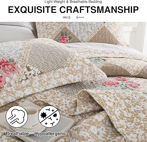 Miniatura 5 de DDUOXIN Colcha floral Queen de 102 x 120 pulgadas, edredón reversible de gran tamaño 100% algodón con 2 fundas de almohada, juego de colcha de