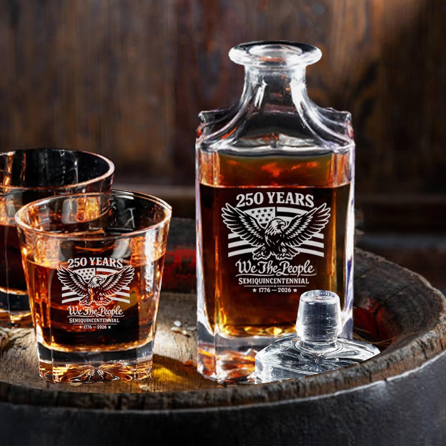 250 Anniversary We The People Whiskey Decanter – Laser Engraved American Flag & Eagle Whiskey Gift, 25oz Liquor Decanter, America 250 Merchandise for Independence Day, Wooden Gift Box Option