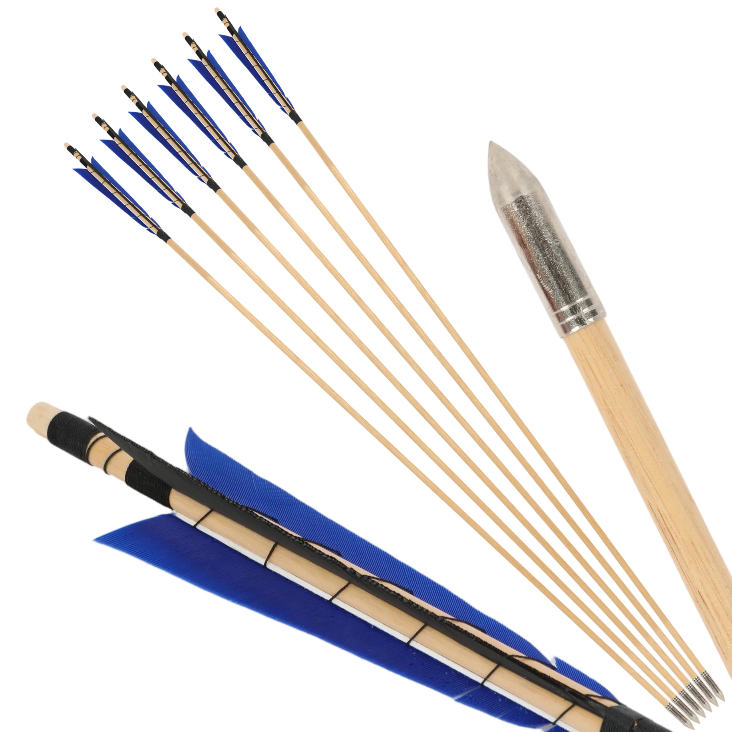 surwolf 31" Archery Wooden arrows Traditional Handmade with 6" Turkey feather Sleeve points OD8.5mm Wooden shaft Hunting Practice Targeting for Long/Recurvebow Horsebow 12pcs (blueblack, 6pcs)