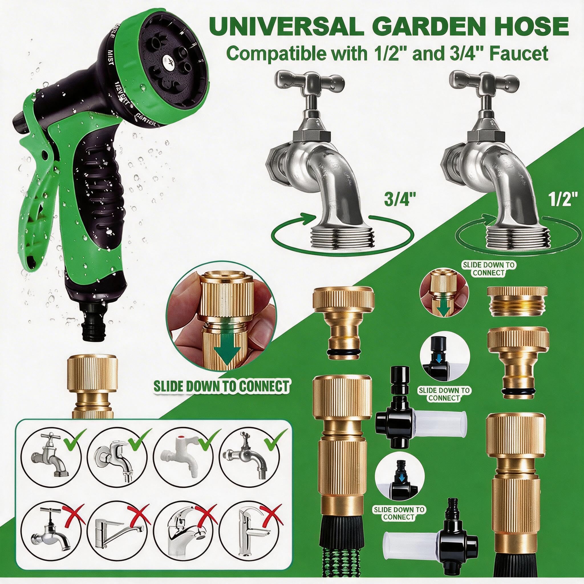Gartenschlauch flexibel mit Additivflasche, hochdruckpistole für gartenschlauch mit 10 Funktionsdüse, Langlebiger 3-Schicht-Latexkern, Stoff 3750D, with3/4 & 1/2 Steckverbinder (30 m(100ft))