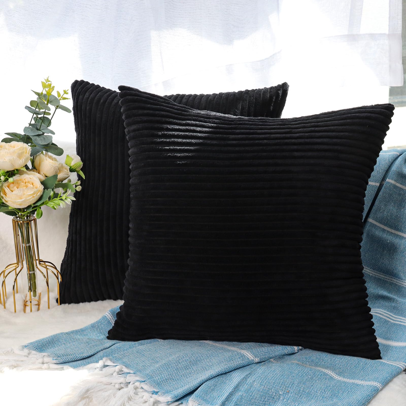 CALIYO Kissenhülle Kord Uni 2er Set, Kissenbezug 60 x 60 Kissenbezüge für Zierkissen Dekokissen Sofakissen Couchkissen in vielen Farben Schwarz