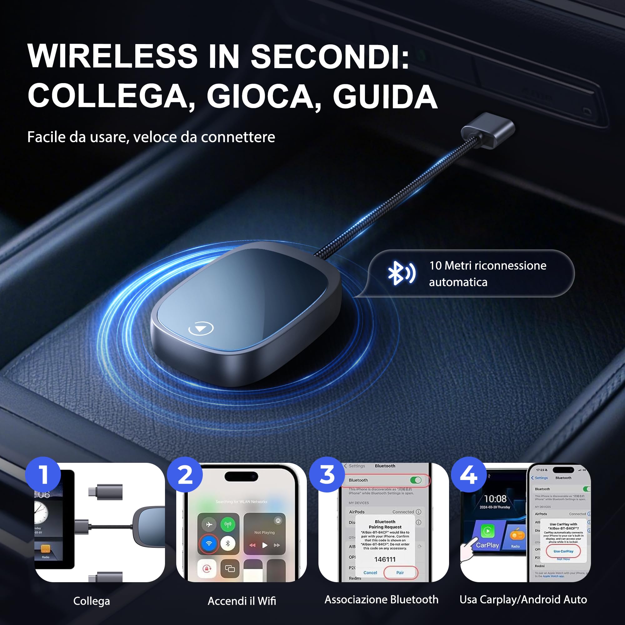 Adaptateur CarPlay sans Fil 2 en 1 pour Apple CarPlay/Android Auto - Carplay Voiture Conversion Instantanée USB-A/USB-C(Adaptateur Inclus) - Compatible 800+ Modèles Voitures