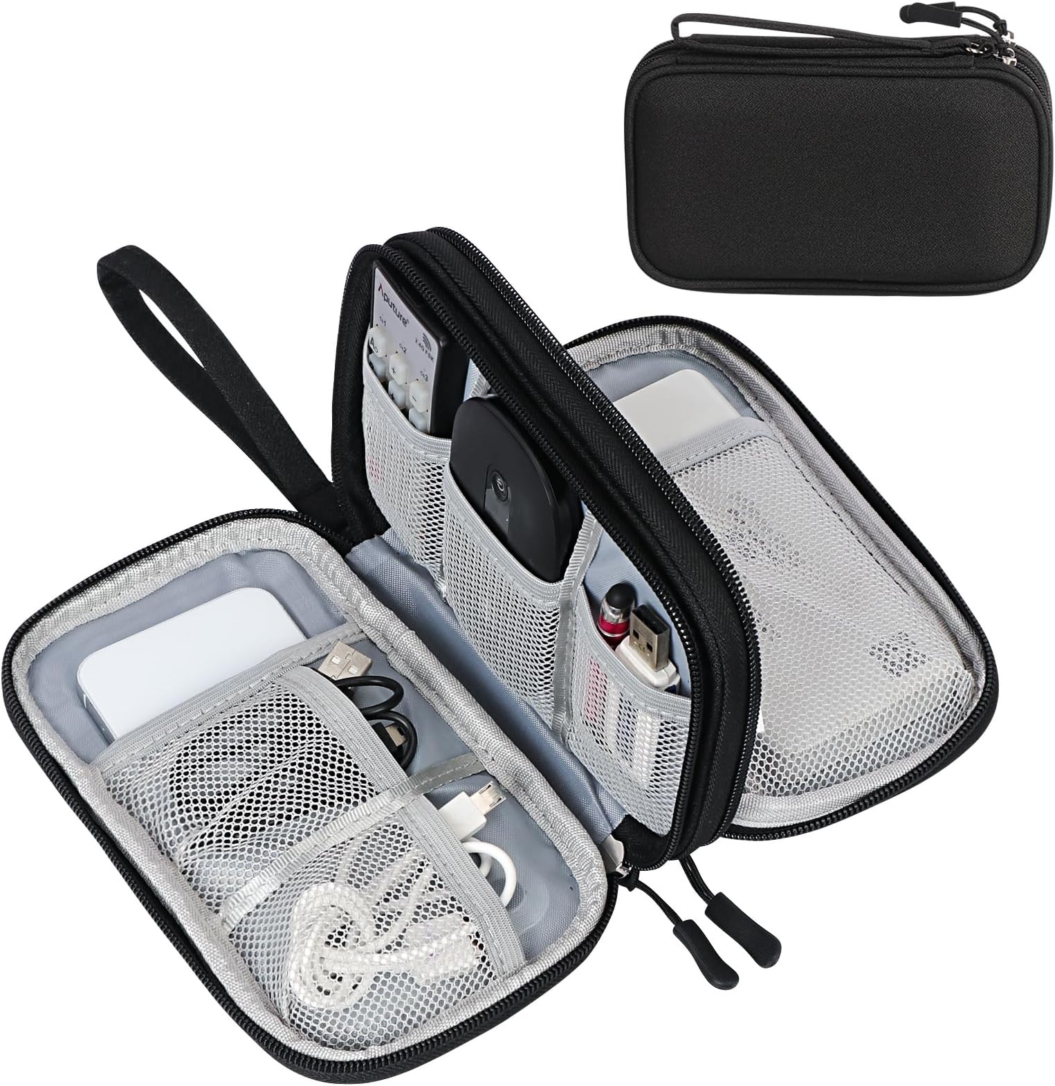 FYY Electronic Organizer, Travel Cable Organizer Bag Pouch Electronic Accessories Carry Case Portable Waterproof Double Layers Storage Bag for Cable, Cord, Charger, Phone, Earphone, Medium, Black