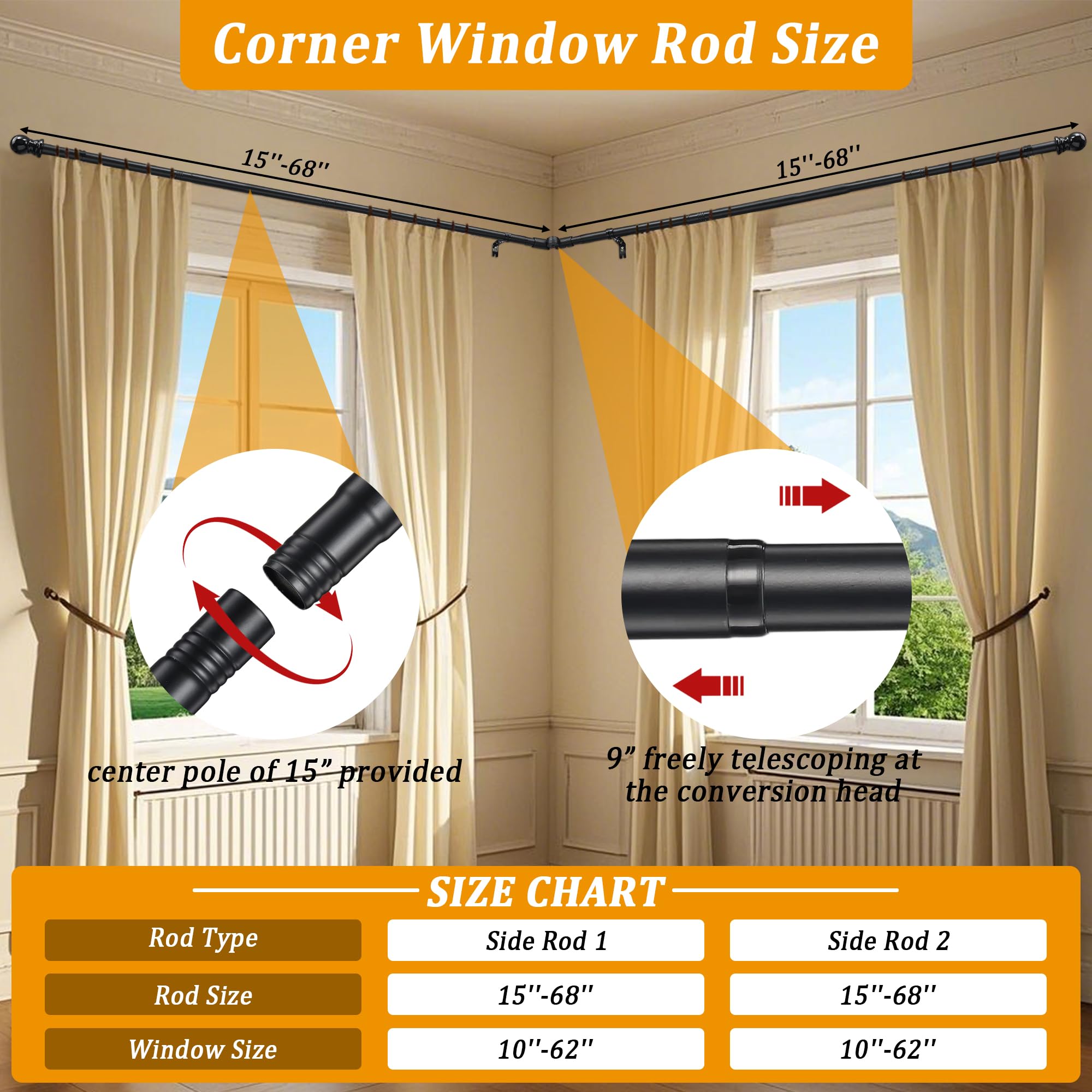 Snapklik.com : Corner Window Curtain Rods, L Shape Heavy Duty Curved
