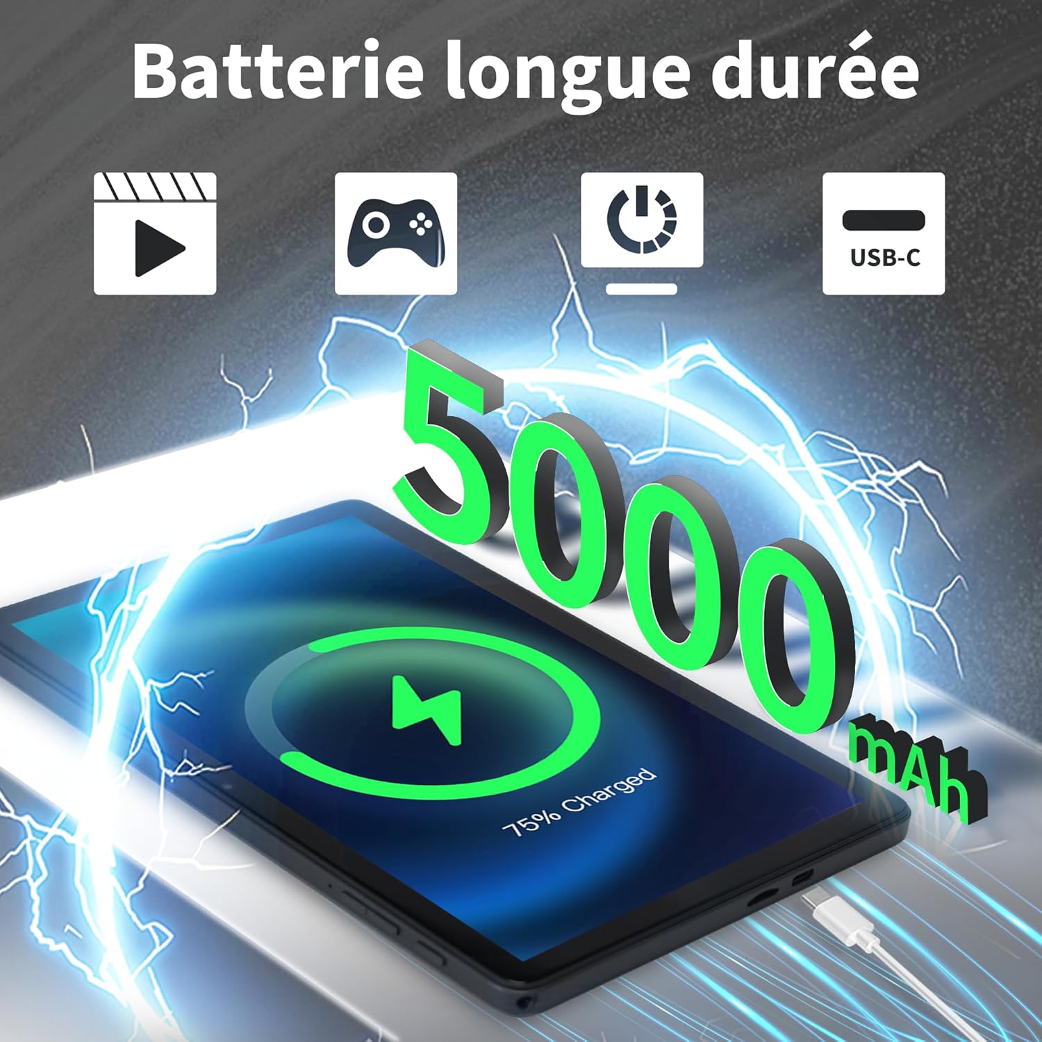 Veidoo W40 Tablet connected to a USB-C charger, illustrating the 5000mAh battery capacity and charging status.