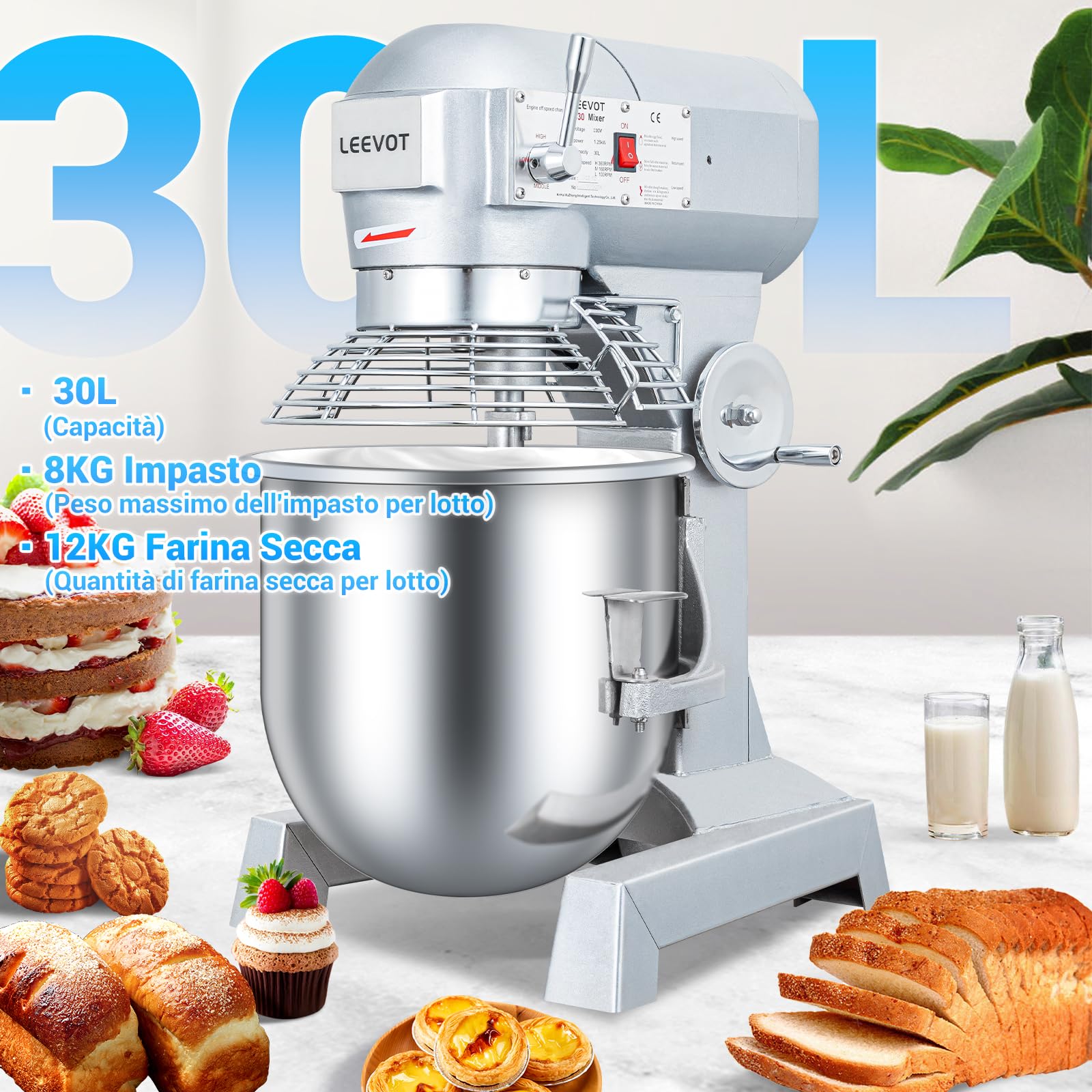 LEEVOT Impastatrice planetaria commerciale da 30L, impastatrice commerciale regolabile a 3 velocità da 1250W, impastatrice elettrica verticale per impieghi gravosi con vasca in acciaio inox per cucin