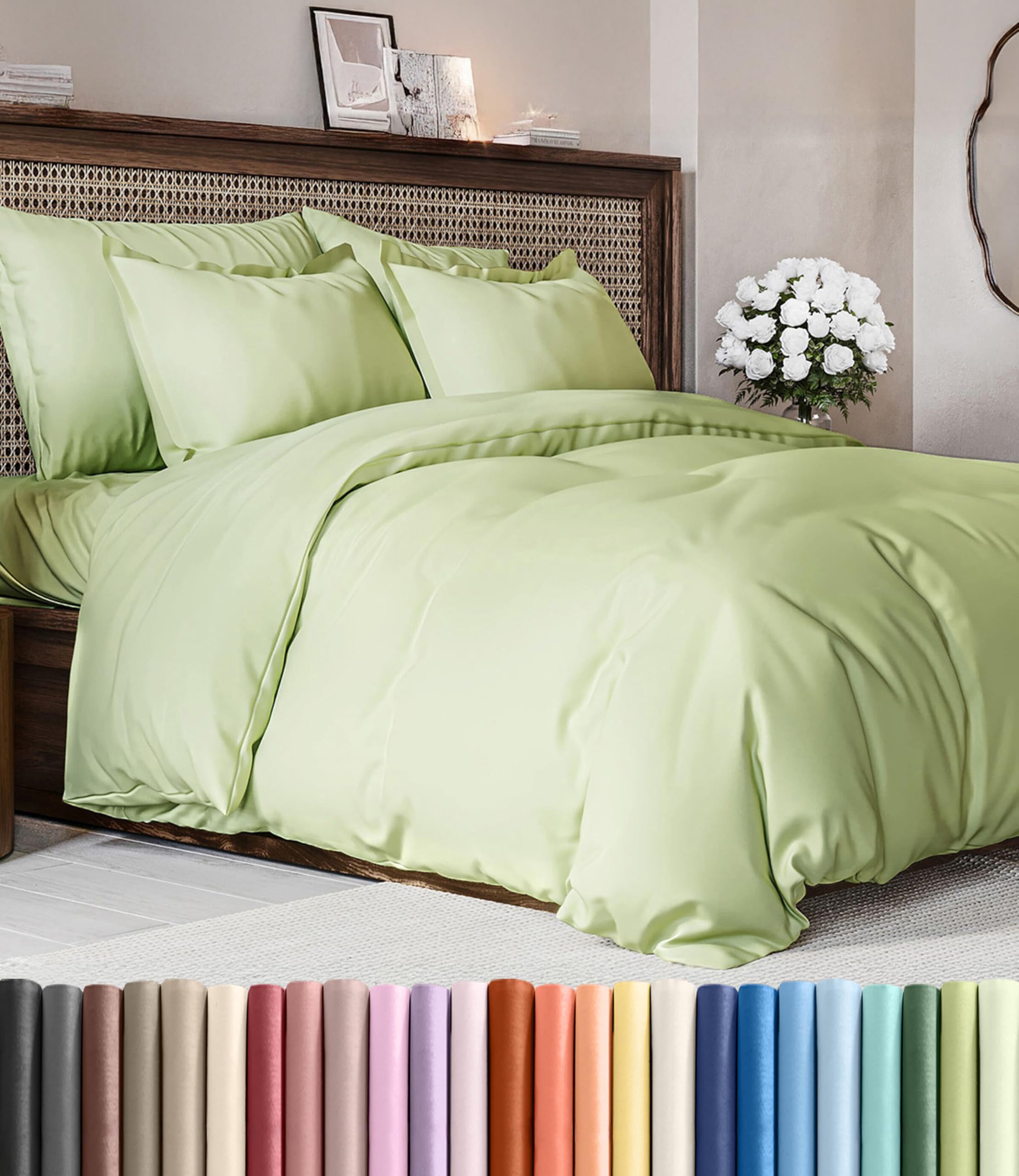 duvet cover king size set - extra soft king duvet cover 104" x 90" with 2 pillow shams - hotel luxury, easy care & fade free with zipper closures & ties - comfy, cozy & breathable (light sage green)