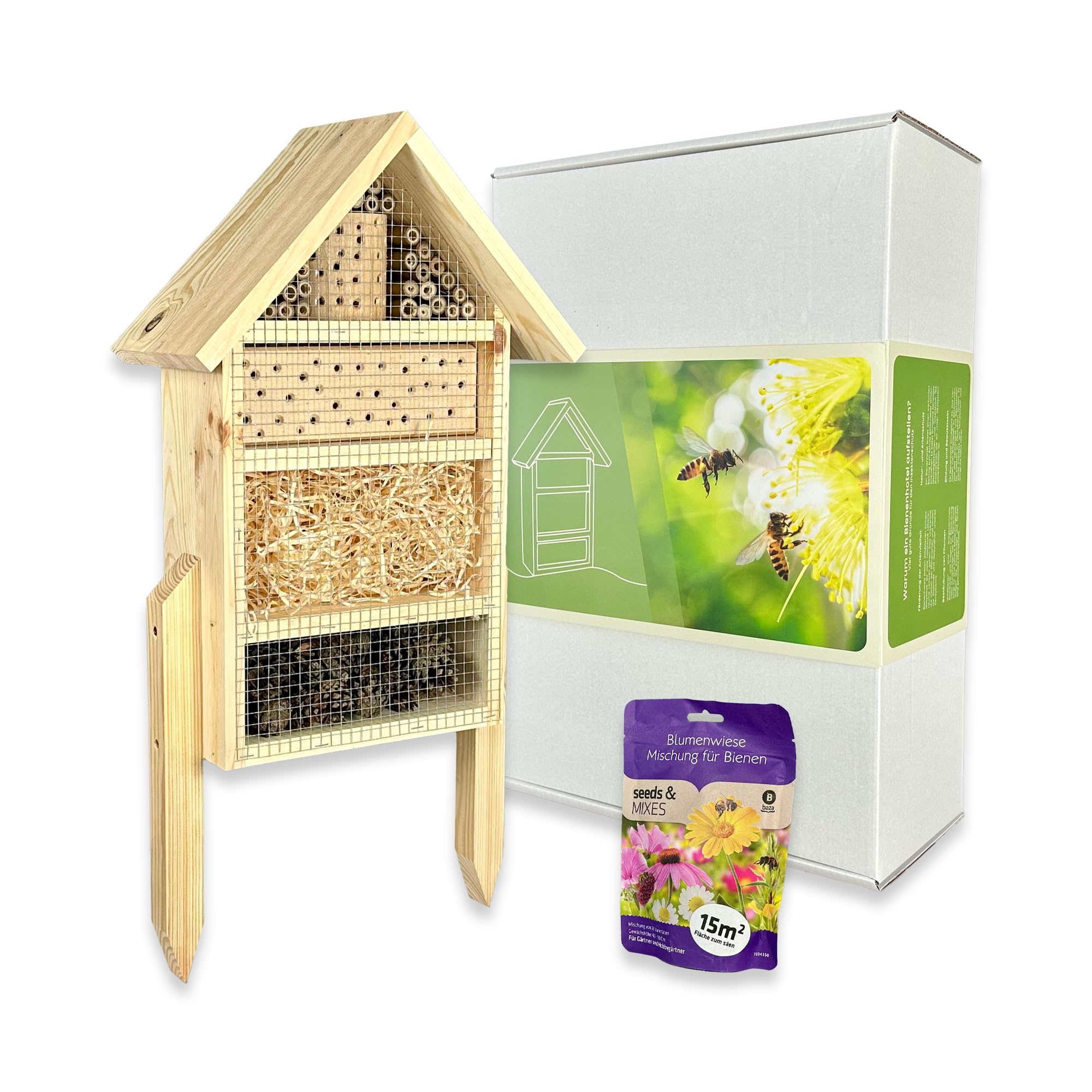 GARTENETAGE Geschenkset Insektenhotel – Nachhaltiges Insektenhotel mit Blumenwiese-Saatgutmischung Gartenliebhaber – Natürliche Materialien, fertig montiert, mit Holzpfählen