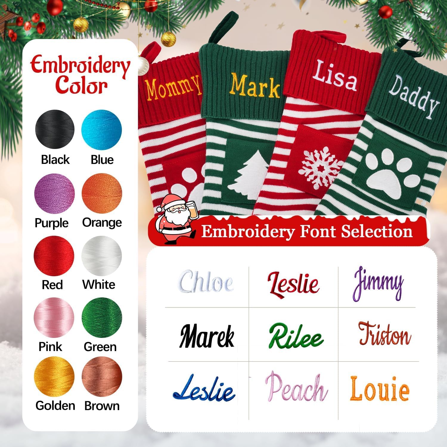 VRFASHION 5 calze natalizie personalizzate con nome, 45,7 cm, grandi ricamate con nome personalizzato famiglia, calze natalizie da appendere al camino, decorazioni natalizie per feste
