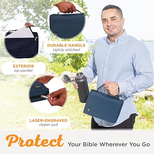 Miniatura 228 de Funda de lona para hombres y mujeres con cremallera para Biblia o libro con asa. Azul marino/Be Still