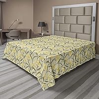 Ambesonne California King Floral Flat Sheet - Vintage Mustard Flower Silhouettes, Grey Yellow Slate Brown, Soft 100% Brushed Microfiber Bedding