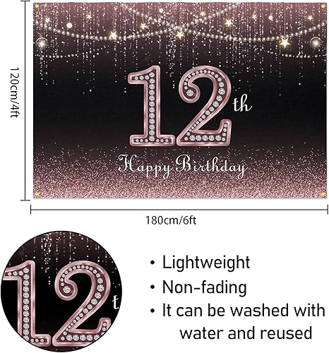 Miniatura 2 de HAMIGAR Fondo de pancarta de feliz cumpleaños número 12 de 6 x 4 pies, decoraciones de cumpleaños de 12 años, suministros de fiesta para mujeres,