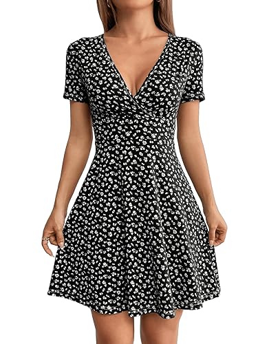 SweatyRocks Women's Short Sleeve High Waist Floral Summer Dress - Black - S