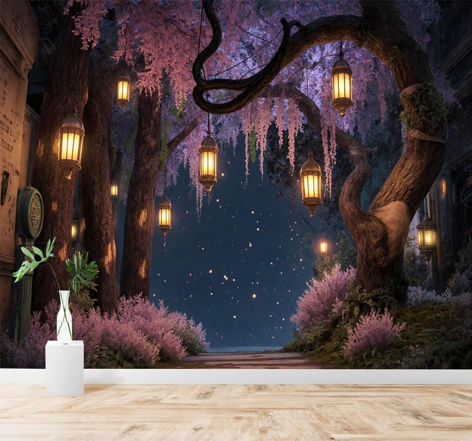 Xlming 350Cm×256Cm(B×H) Forest Footpath Lanterns Starry Sky Purple Flowers 3D Wallpaper Silky Texture Home Study Office Grey Dining Room Sofa Bedroom Living Room Tv Backdrop-350Cm×256Cm