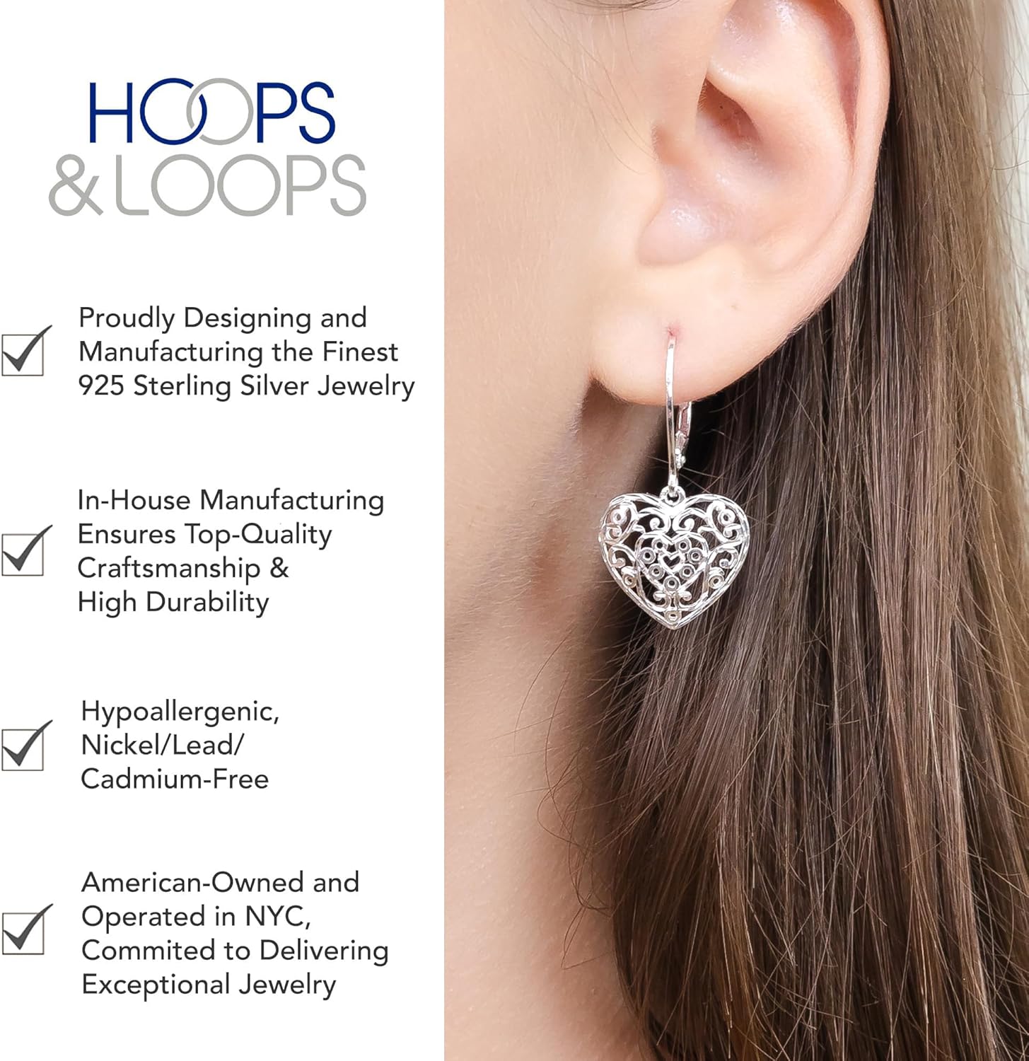 Hoops & Loops 925 Sterling Silver Filigree Heart Dangle Leverback Earrings for Women, Silver, Yellow & Rose Gold - Image 2