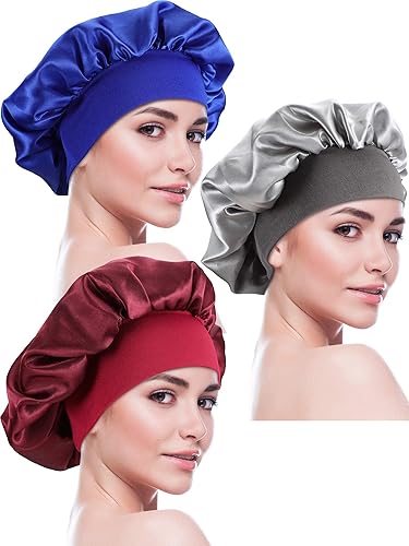 Miniatura 1 de Blulu Gorro de satén para dormir de 3 piezas, turbantes de pelo suave para mujeres y niñas (color plateado, rojo vino, azul rey)