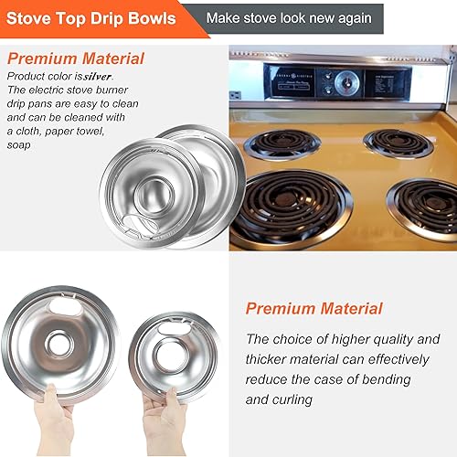 Miniatura 4 de Juego de bandejas de goteo cromadas y MP22YA - Juego de repuesto para quemador de estufa eléctrica compatible con Whir Pool Electric Range Stove Top