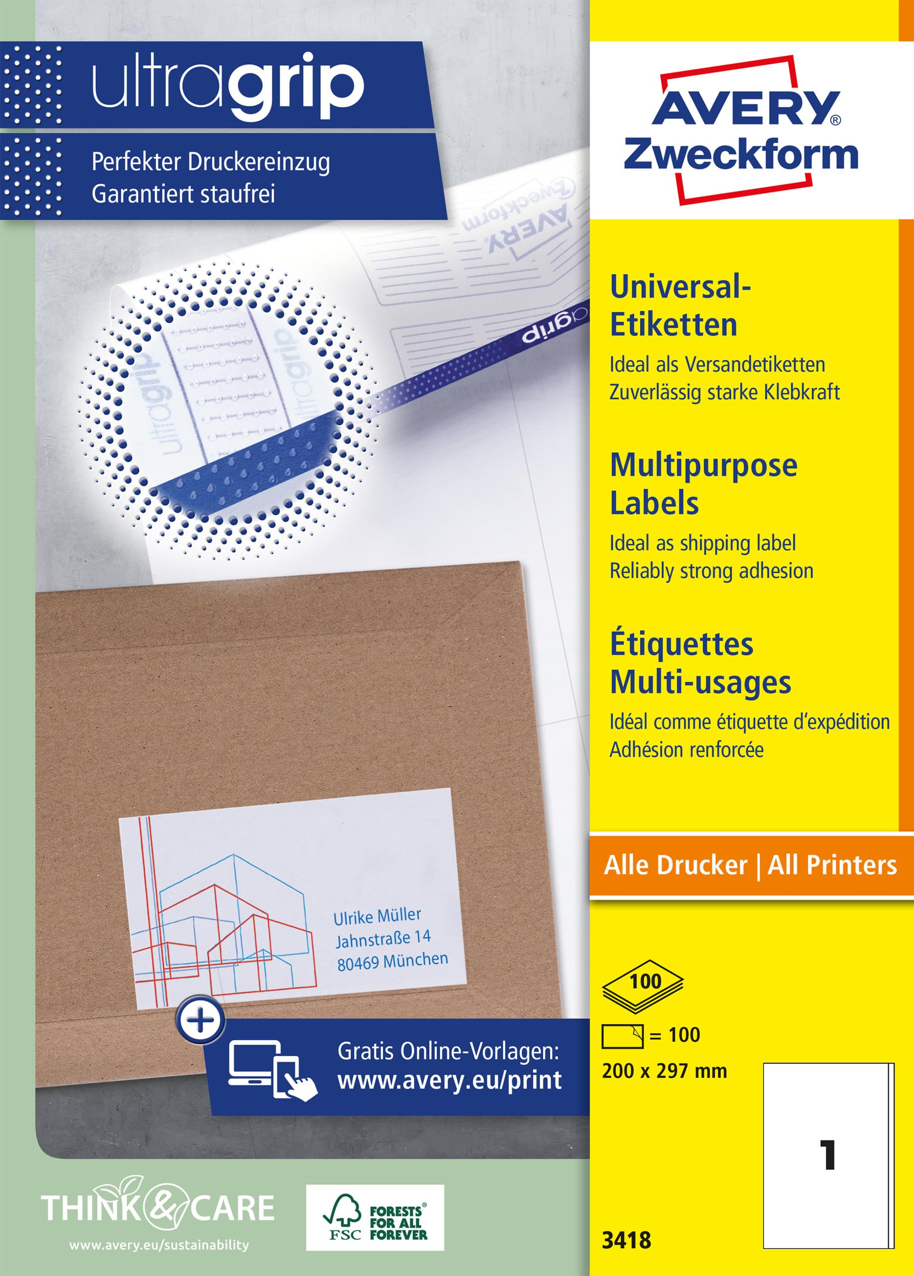 AVERY Zweckform 3418 Universal Etiketten (100 Klebeetiketten, 200x297mm auf A4, Papier matt, bedruckbare Versandetiketten, selbstklebende Versandaufkleber mit ultragrip, DHL) 100 Blatt, weiß