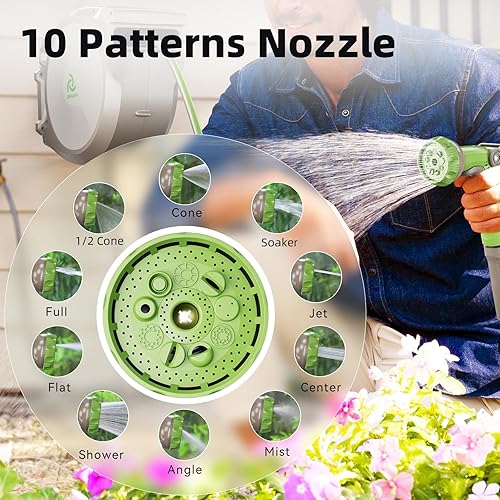 Miniatura 5 de PINWHEEL Carrete de manguera de jardín retráctil de 58 pulgadas y 100 pies, manguera retráctil automática con boquilla rociadora de 10 patrones,