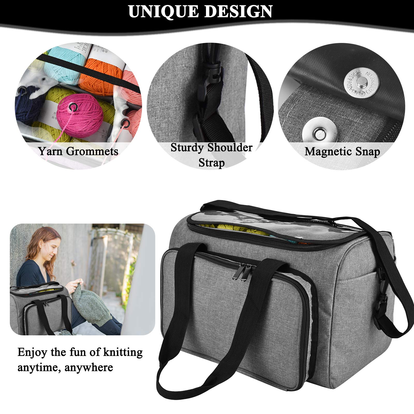 Coopay Sac Fourre-Tout pour Rangement pour Fils Textiles,Sac Rangement Tricot Aiguilles Portable pour Protect Unfinished Project,Sac Pelote de Laine pour Débutants et Professionnels du Tricot - Gris