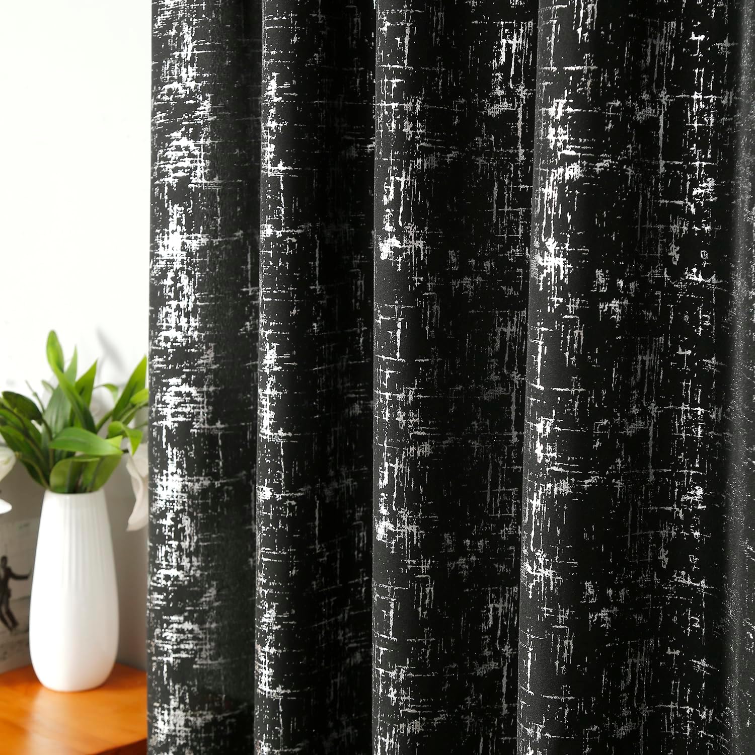 Taisier Home Silver Foil Print Linen Textured Curtains Geometric Dots Pattern Design Curtains for Bedroom Living Room Thermal Insulated Window Treatment 2 Panels 84" L,Black and Silver Drapes Print image 4