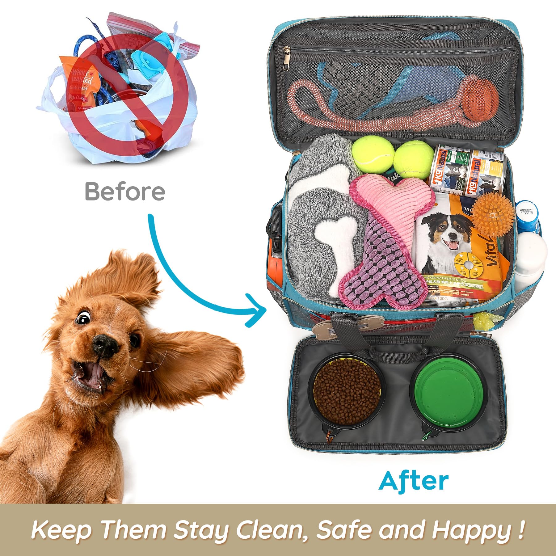 Hunde-Reisetasche für Reisen, Wochenausflug/Übernachtung, Hunde-Reisezubehör mit Multifunktionstaschen, Haustier-Reise-Set für Hund und Katze, ideale Hunde-Wickeltasche und Hunde-Reise-Set