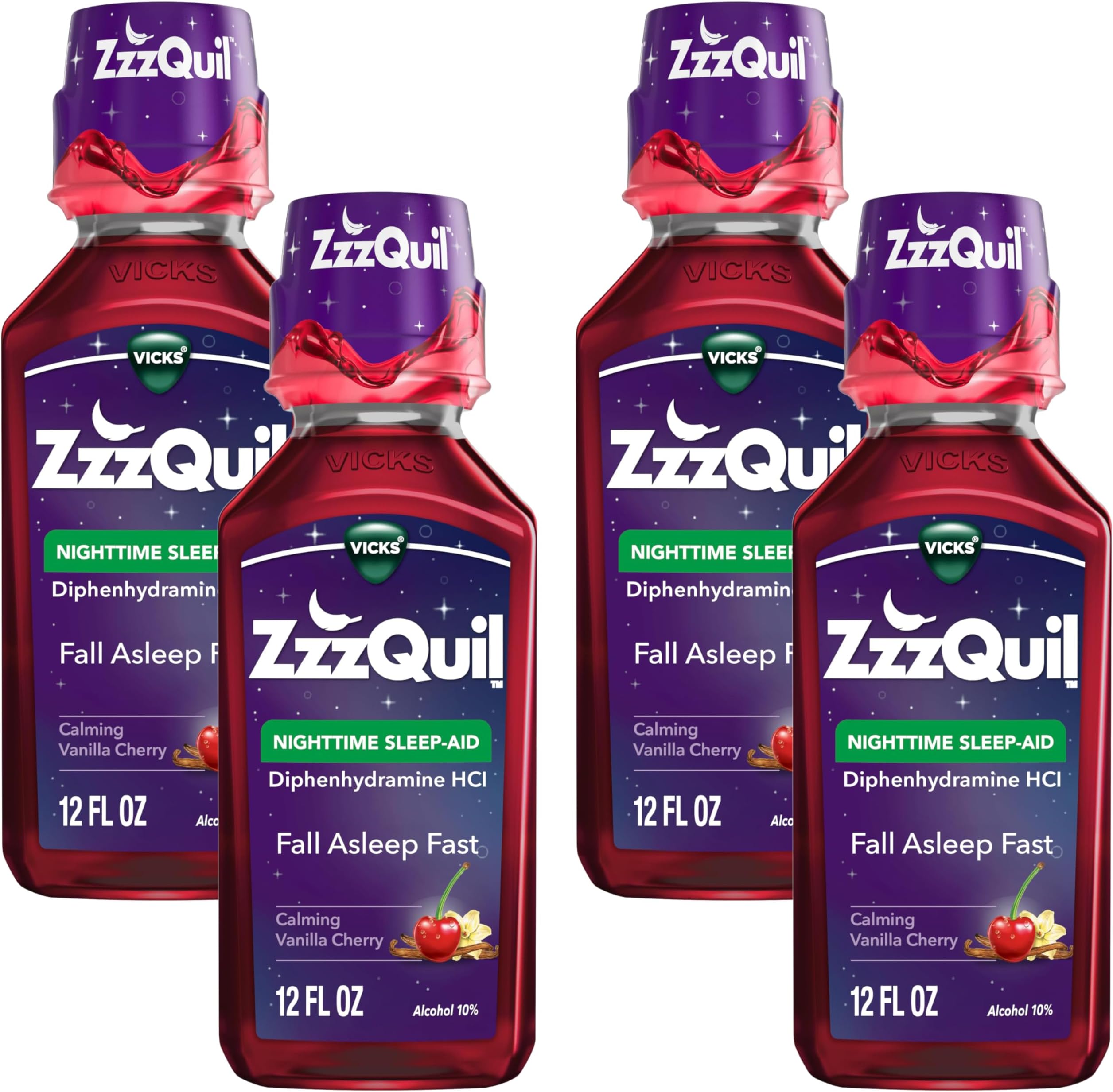 ZzzQuil, Nighttime Sleep Aid Liquid, 50 mg Diphenhydramine HCl, No.1 Sleep Aid Brand, Fall Asleep Fast, Non-Habit Forming, Calming Vanilla Cherry, 12 FL OZ (Pack of 4)