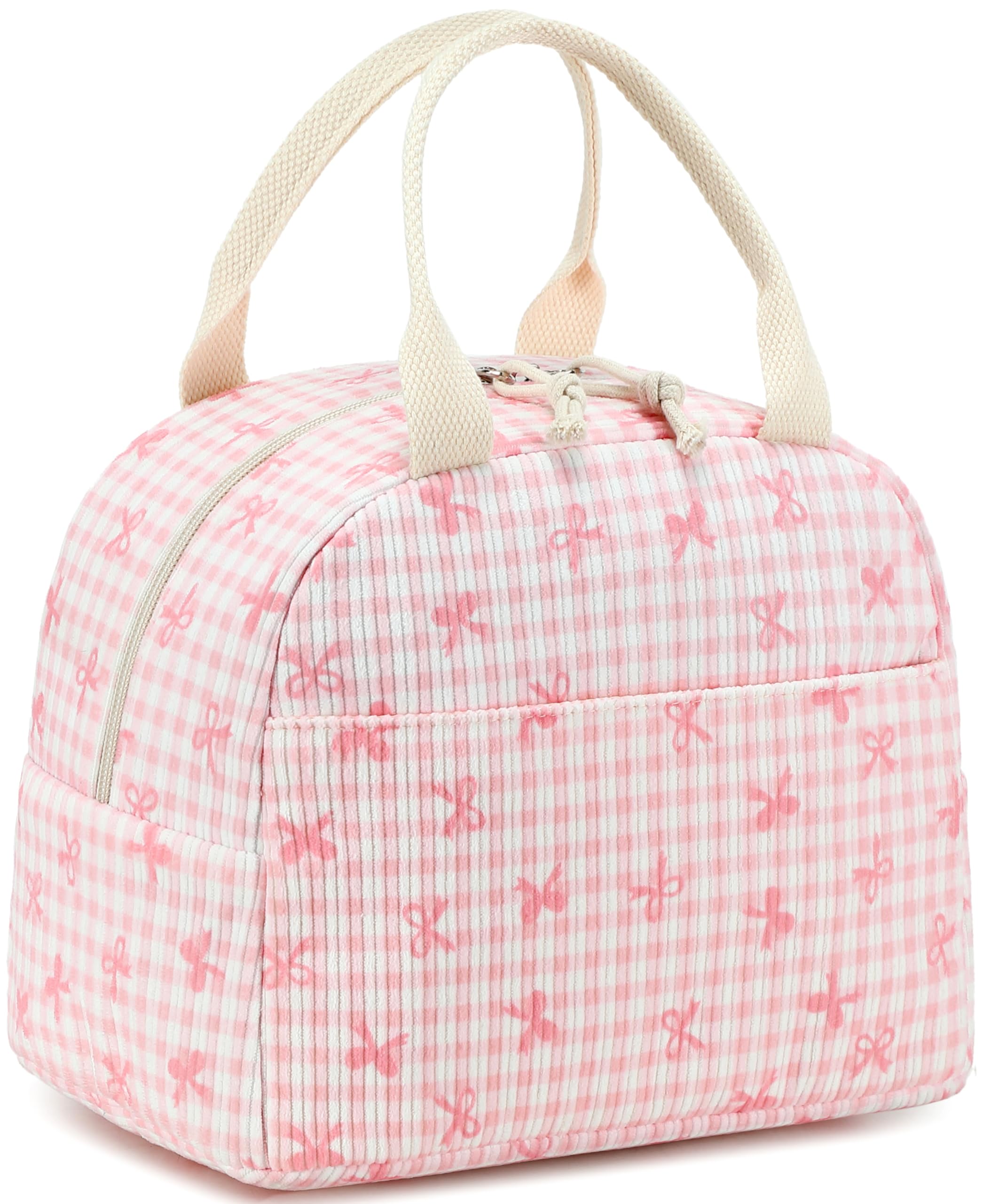 LEDAOU Lunch Box for Women Insulated Lunch Bag Corduroy Lunch Tote Bags Leakproof Cooler Lunch Case for Travel Work Picnic (Pink Bow Checkered)