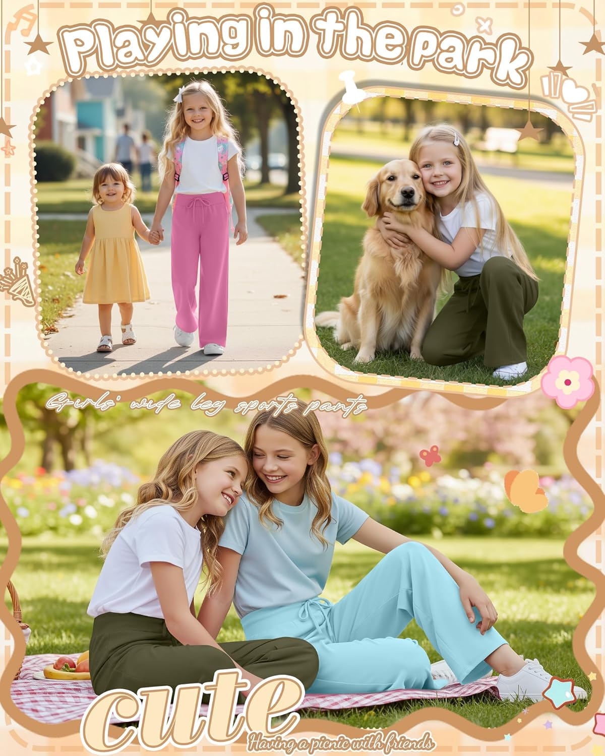 3 Pack Girl's Wide Leg Sweatpants Open Bottom Joggers with Drawstring Casual Baggy Sweat Pants 5-14 Years(Army Green, Pink, Blue,5-6 Years)