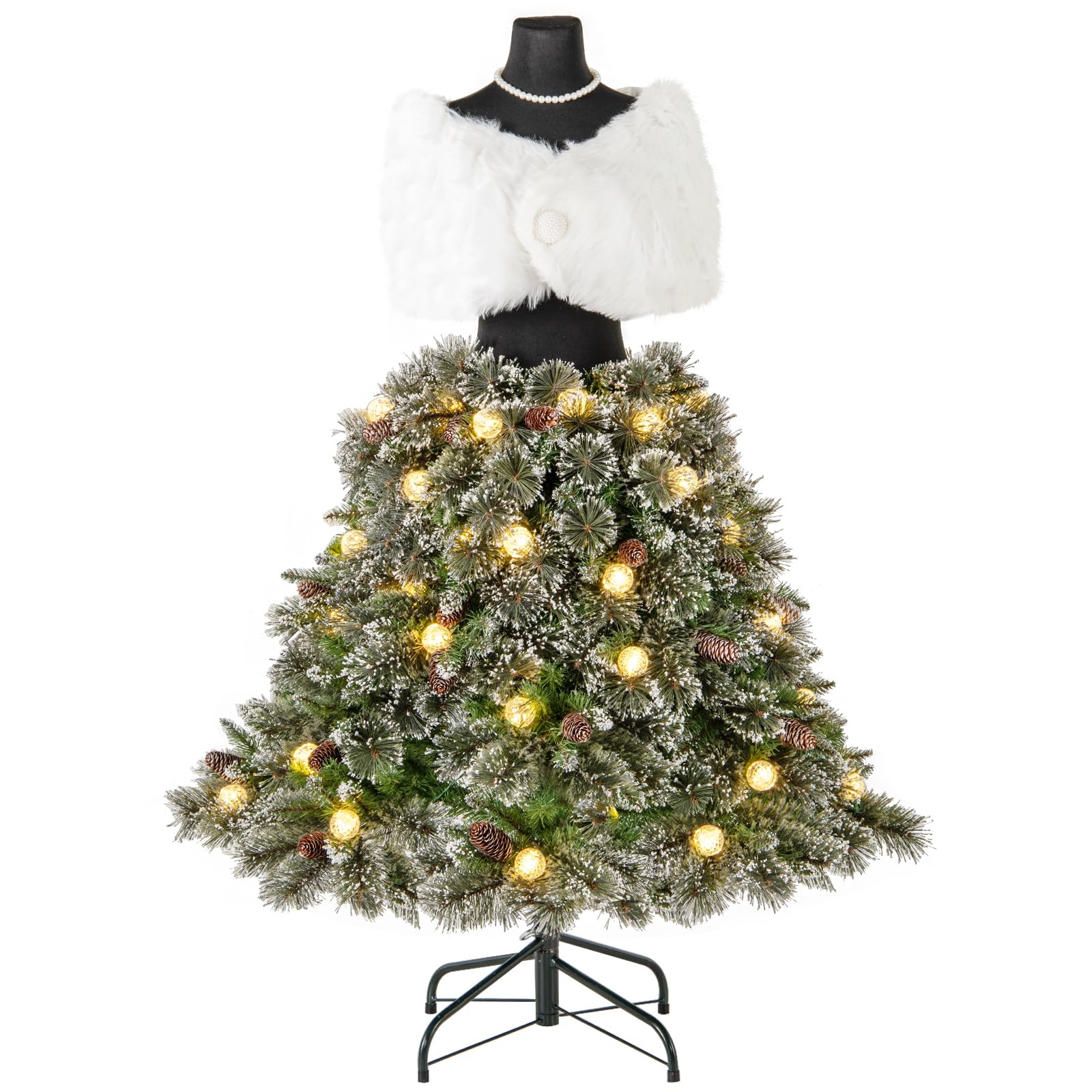 white christmas dresses Goplus 5ft Pre-Lit Dress Form Christmas Tree with Female Mannequin Torso Shawl Necklace main image 1