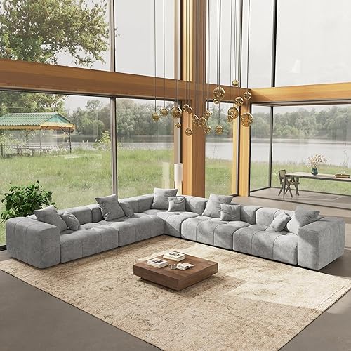 Miniatura 15 de WJShome Sofás seccionales de 144 pulgadas para sala de estar, sofá modular en forma de L, 3 plazas con otomana, asiento profundo de lino con sofás