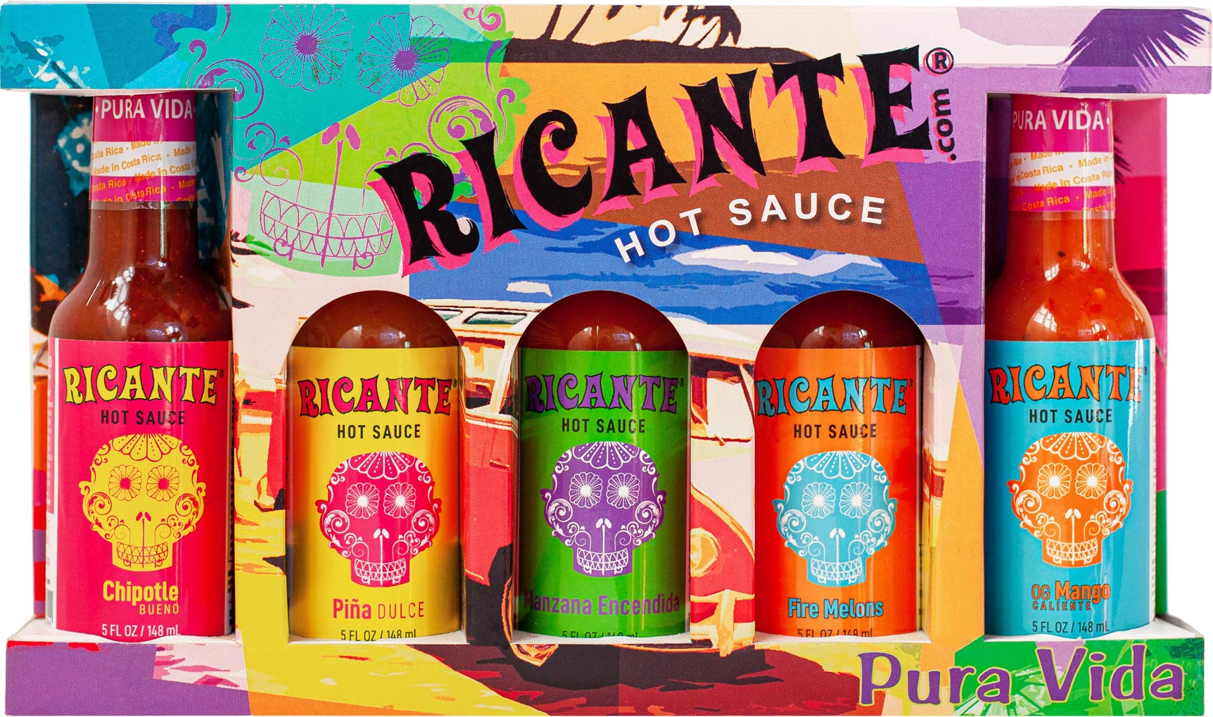 Ricante Hot Sauce from Costa Rica 5-Flavor Variety Gift Pack Set, Keto and Gluten Friendly, 5-Ounce Bottles