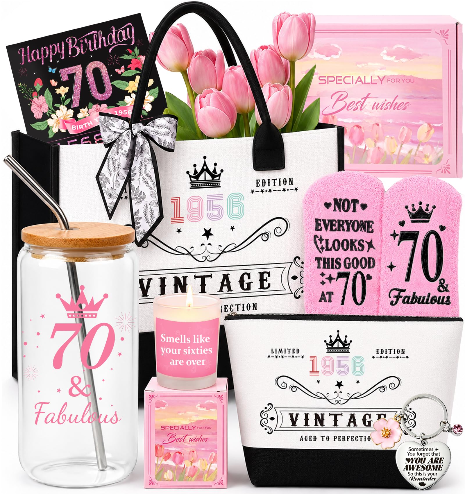 70th Birthday Gifts for Women,Unique 70 Years Old Birthday Include Galss Tumbler with Straw Gifts for Wife Aunt Sister Friends Her,Fashion 1956 Handbag Cosmetic Bag Socks Candle Born in 1956 Card