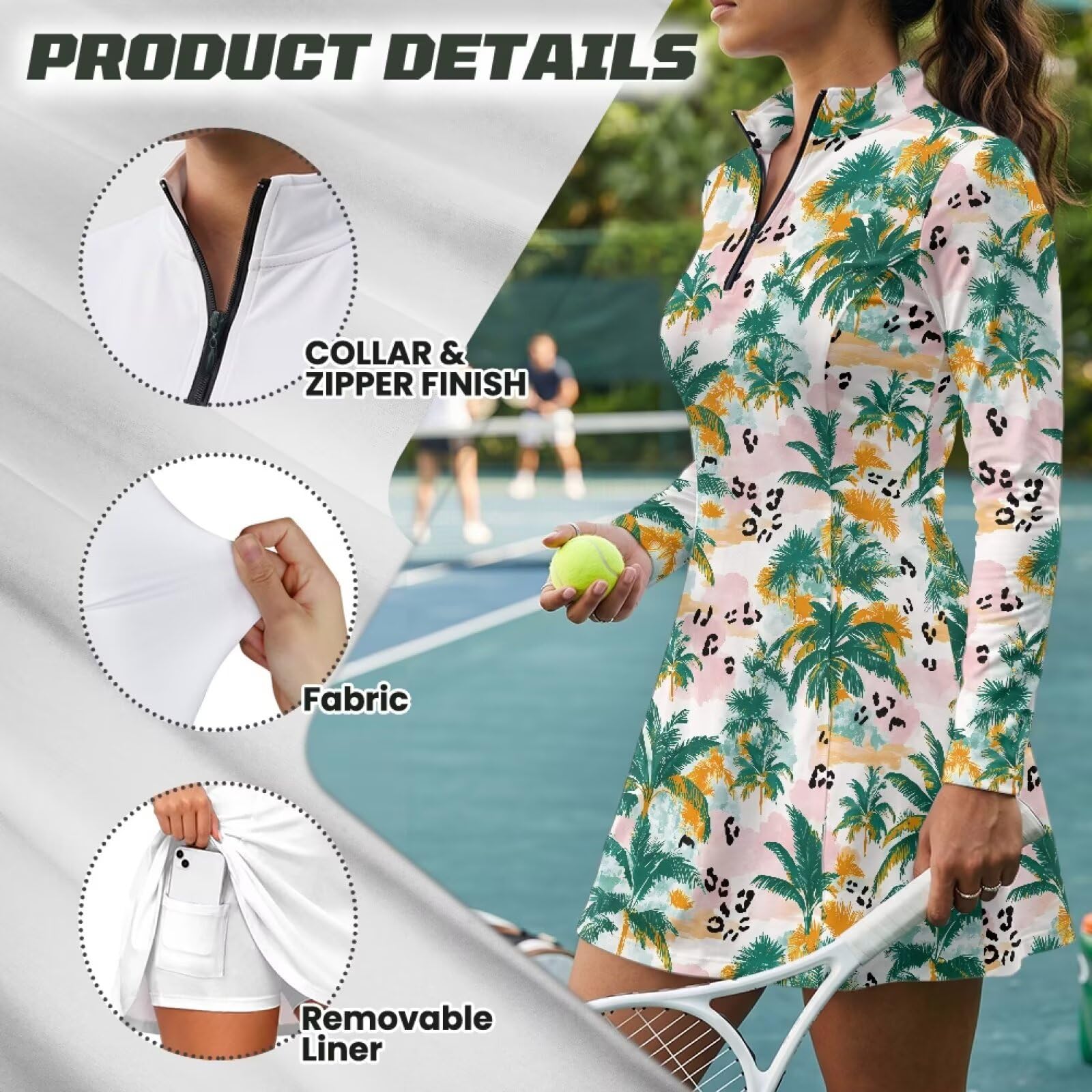 Xoenoiee Sukienka tenisowa z długim rękawem dla kobiet, sportowa sukienka z wbudowanymi szortami, sukienka golfowa z zamkiem 1/4 z kieszeniami, S-2XL