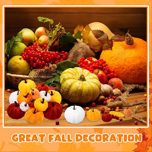 Miniatura 6 de Preboun 16 calabazas de terciopelo para decorar 4 tamaños, calabazas artificiales de tela de espuma de terciopelo sintético, decoración para casa de