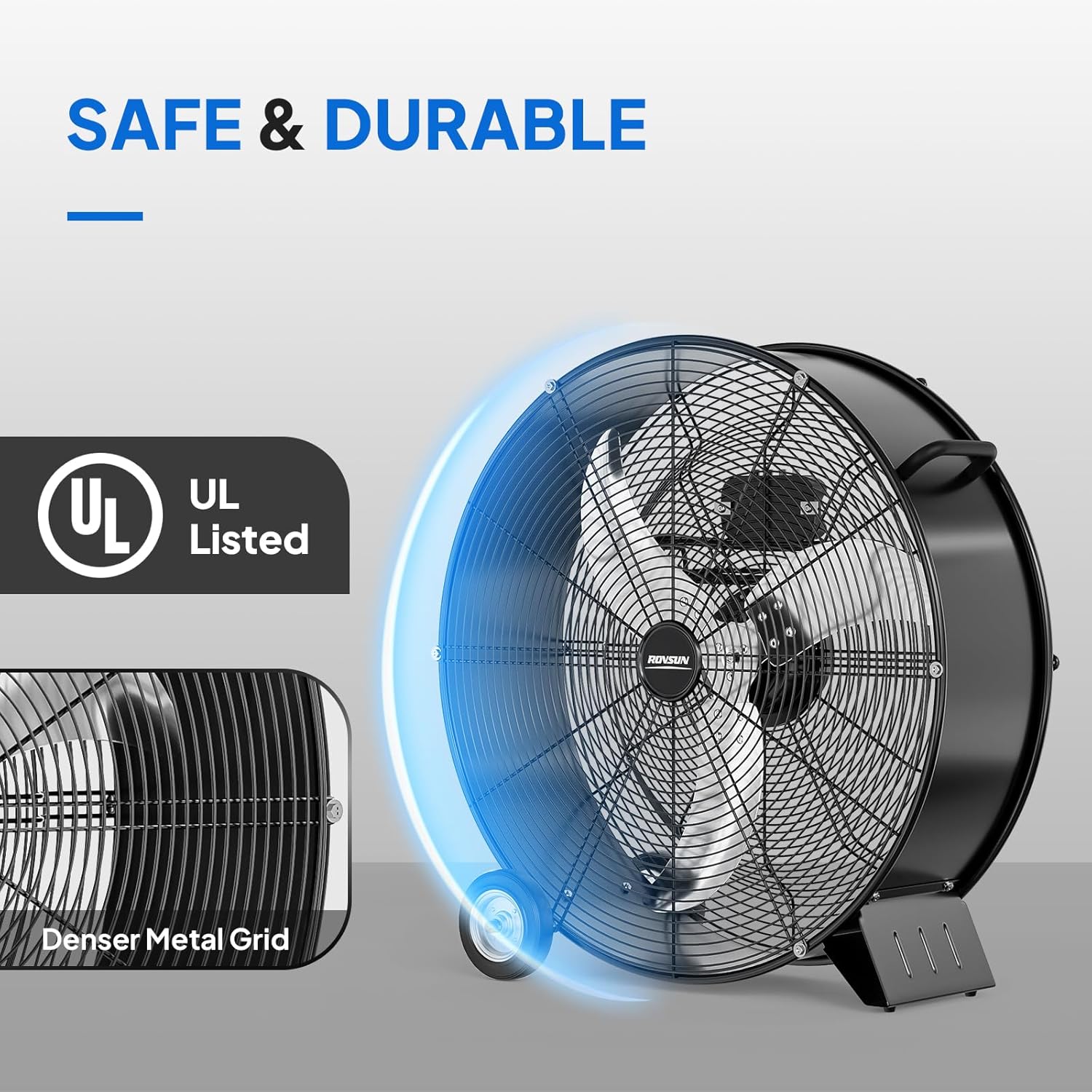 ROVSUN 24 Inch High Velocity Drum Fan, 9500CFM Industrial Metal Floor Fan with Handle, Heavy Duty, 3-Speed, Air Circulator for Shop, Garage, Gym, Barn, Commercial, UL Listed, Black