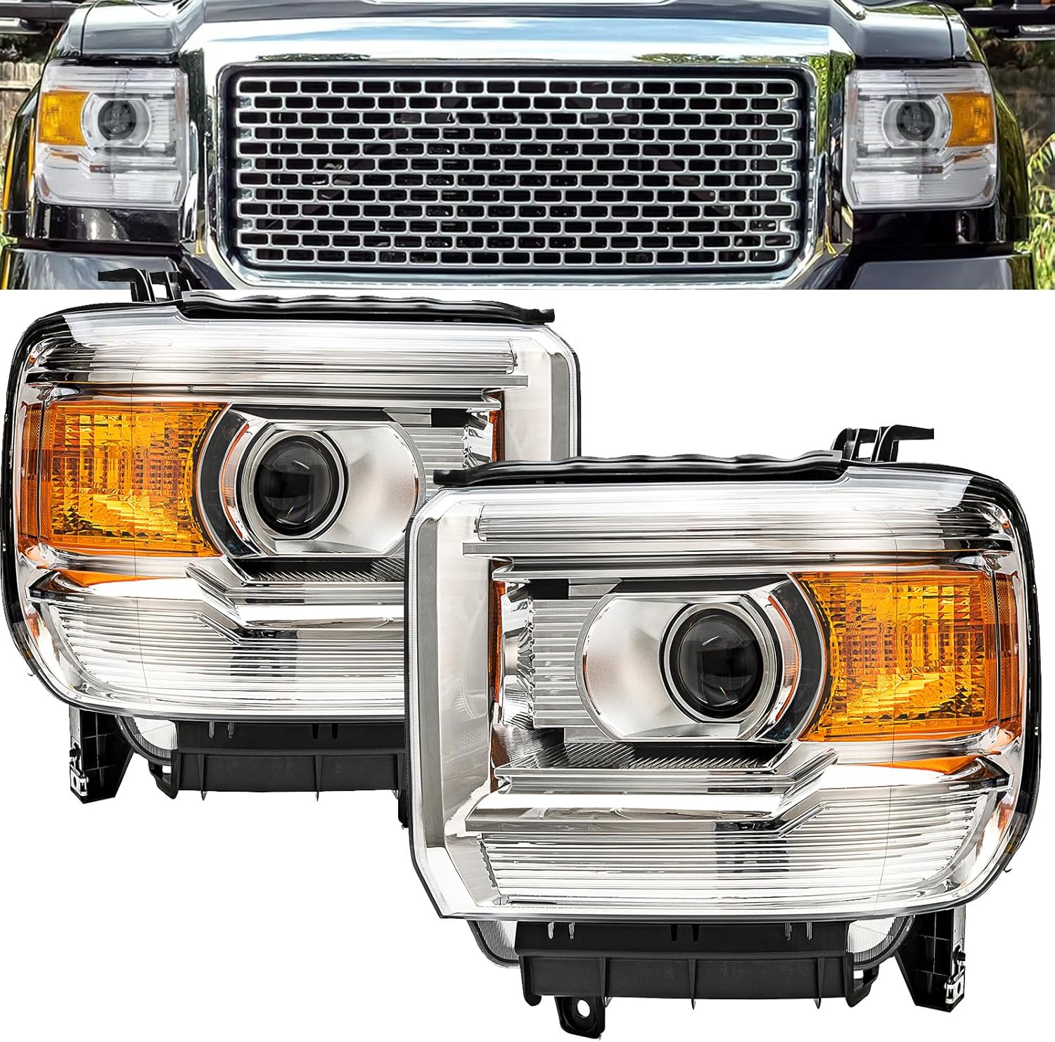 Chrome Amber Headlight Assembly w/Bulbs For 2014 2015 2016 2017 2018 GMC Sierra 1500, 15-19 GMC Sierra 2500HD 3500 HD Head Lights Headlamp Replacement L+R