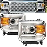 Chrome Amber Headlight Assembly w/Bulbs For 2014 2015 2016 2017 2018 GMC Sierra 1500, 15-19 GMC Sierra 2500HD 3500 HD Head Lights Headlamp Replacement L+R
