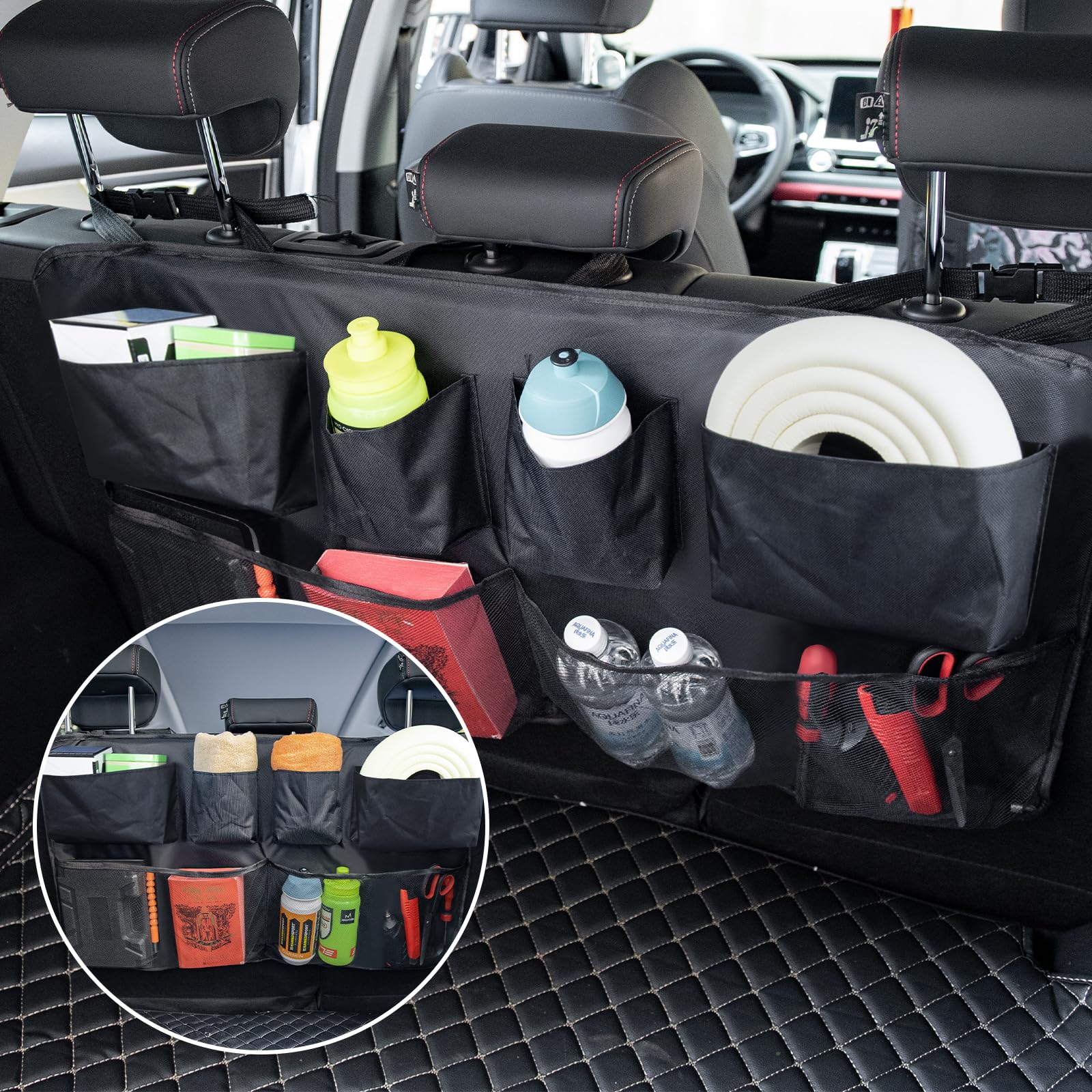 Rangement Coffre Voiture 1860D – Organisateur de Siège Arrière Pliable pour SUV, 8 Poches, Accessoire Voiture Enfant – Noir | Organiseur de coffre de voiture - Accessoires d'intérieur - Tissu Oxford 1680D imperméable - Noir