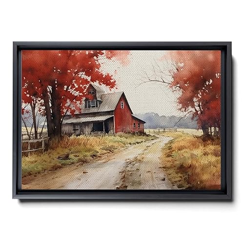 Farmhouse Red Barn Wall Art - Country Landscape with Flowers in Watercolor - Museum Quality Canvas or Art Print