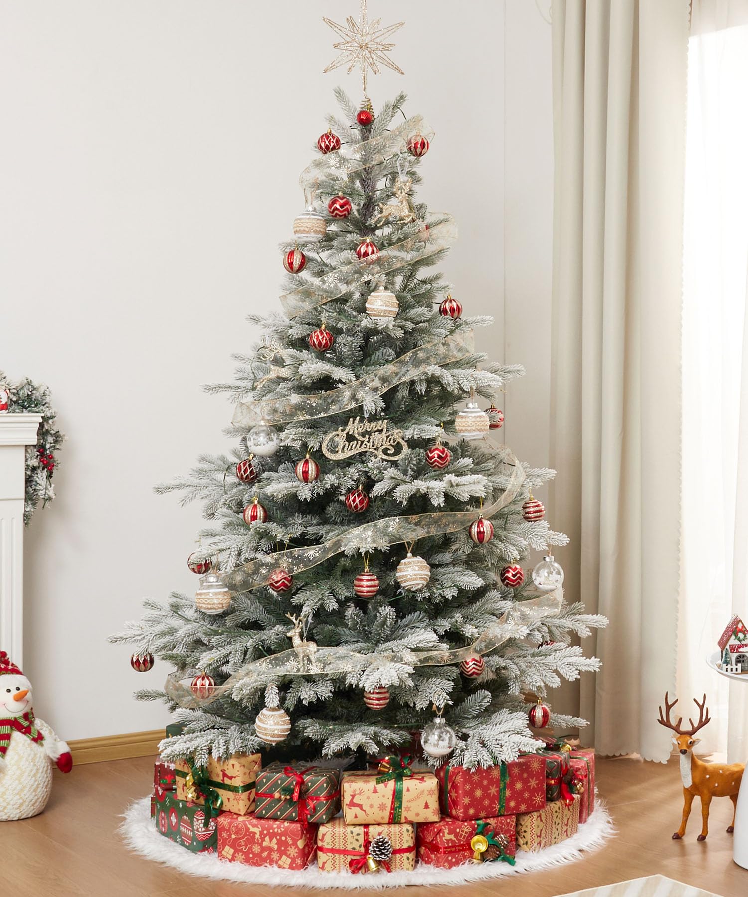 Yorbay Sapin de Noël Artificiel avec Flocons de Neige 180 cm, Sapin de Noël Artificiel en PE et PVC avec Support en Fer, pour décoration de Noël, Convient comme décoration pour la Maison